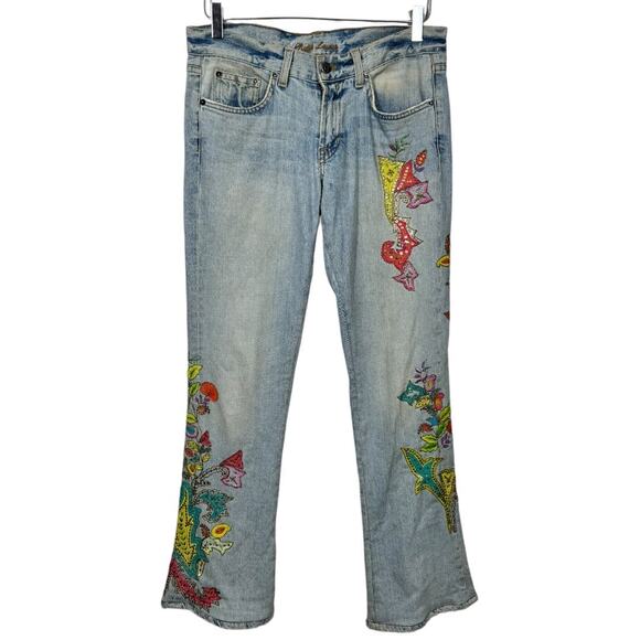 Ralph Lauren Paisley Floral Beaded Embroidered Bootcut Jeans 28 Boho Y2K Flaw - Picture 1 of 10